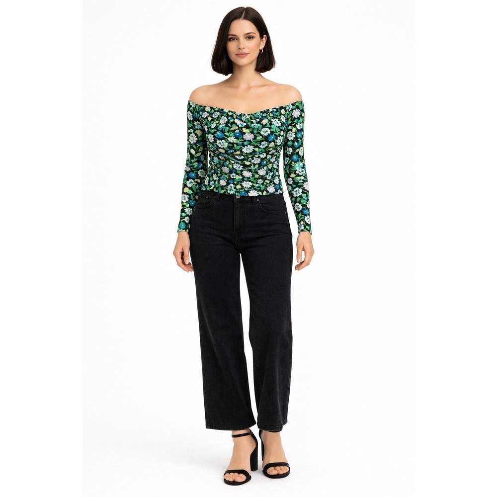 AFRM Los Angeles Floral Off Shoulder Long-Sleeve Mesh‎ Ruched Top Size S